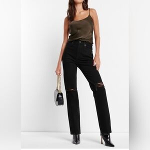 Express Super High Waisted Black Rinse Ripped Modern Straight Jeans Size :10